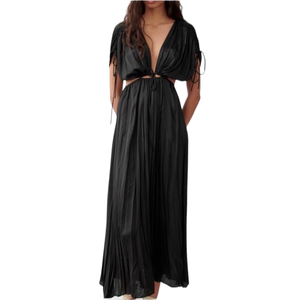 Zara Black Satin Effect Crinkle Cut Out Maxi Dress Size Medium